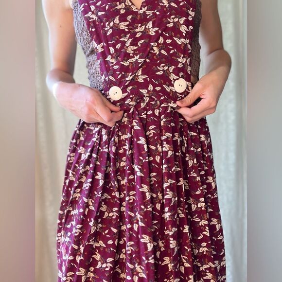 Vintage 80s Purple Floral Pinafore Dress 100% Rayon Apron Style Overall Dress - Picture 5 of 11